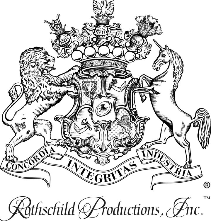 Rothschild Productions, Inc. registered coat of arms: lion and unicorn supporting a shield of a paintbrush, a plane and a pen, above the motto Concordia Integritas Industria