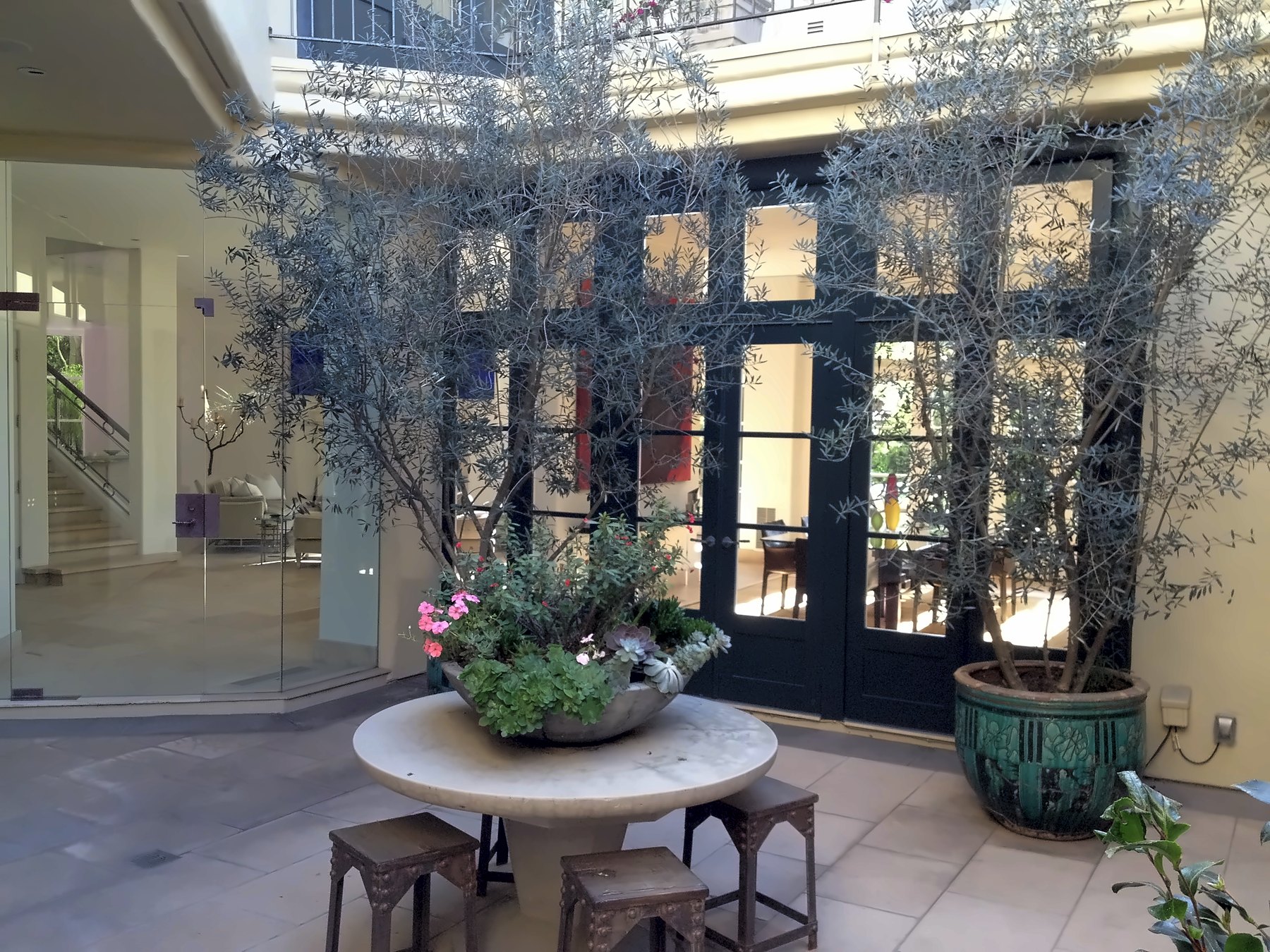 Interior courtyard with olive trees, a stone table and tall black-framed glass doors