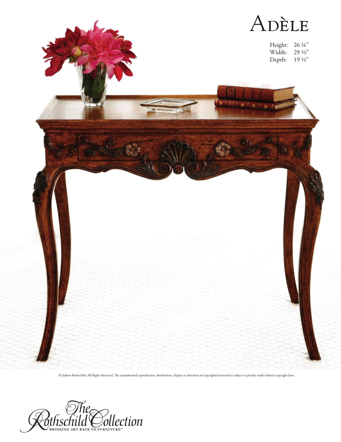 Adèle: Provincial Regence side table / nightstand by Judson Rothschild, The Rothschild Collection tear sheet with dimensions