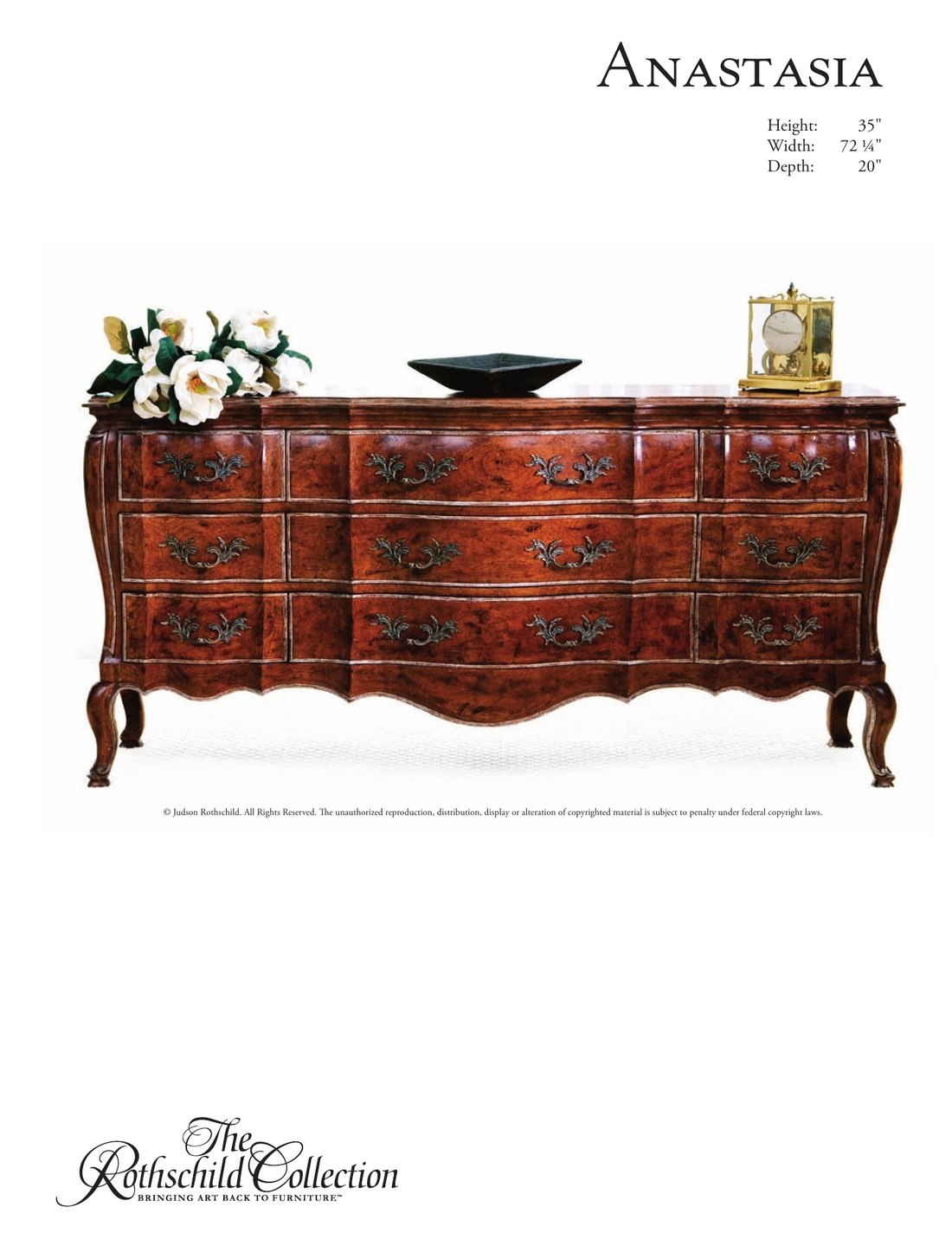 Anastasia: Italian Rococo chest / dresser by Judson Rothschild, The Rothschild Collection tear sheet with dimensions
