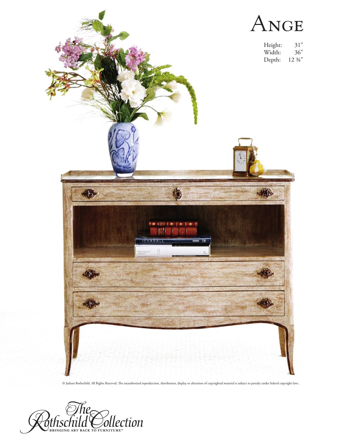 Ange: Louis XV Provincial nightstand / side table by Judson Rothschild, The Rothschild Collection tear sheet with dimensions