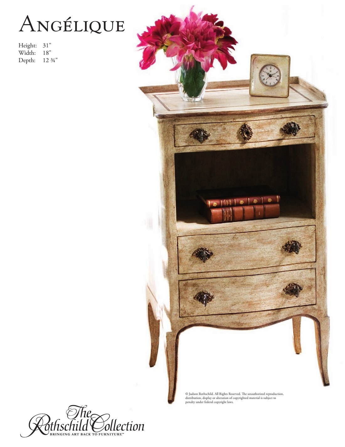Angélique: Louis XV nightstand / side table by Judson Rothschild, The Rothschild Collection tear sheet with dimensions