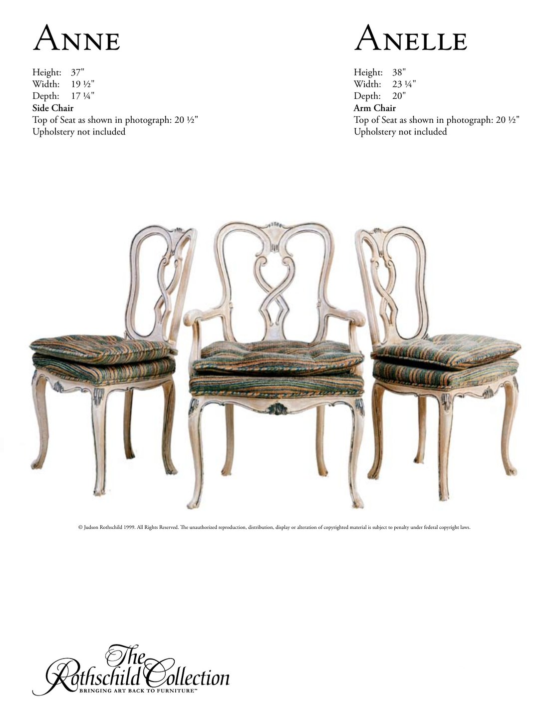 Anne & Anelle: Italian Rococo side chair, Italian Rococo armchair by Judson Rothschild, The Rothschild Collection tear sheet with dimensions