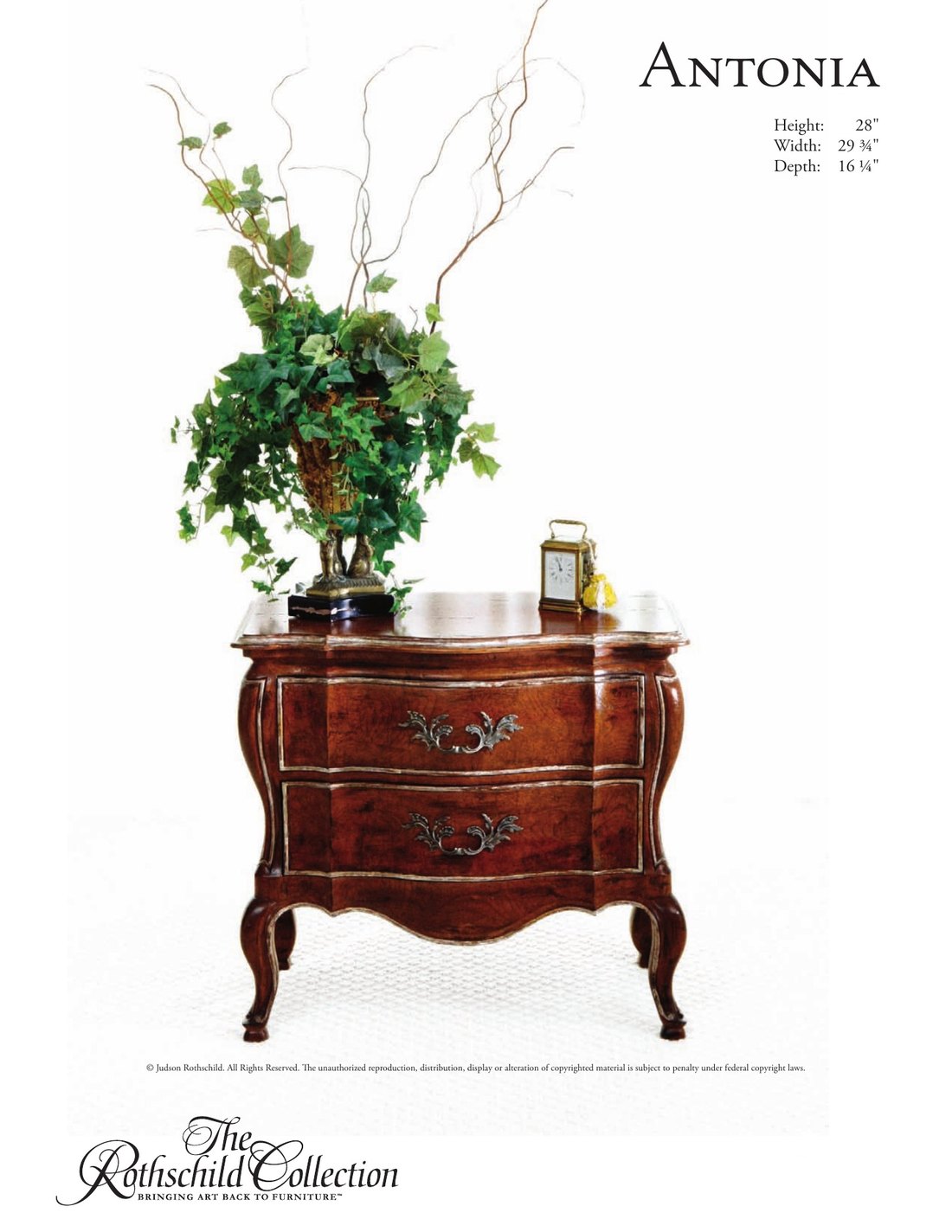 Antonia: Italian Rococo nightstand / side table by Judson Rothschild, The Rothschild Collection tear sheet with dimensions