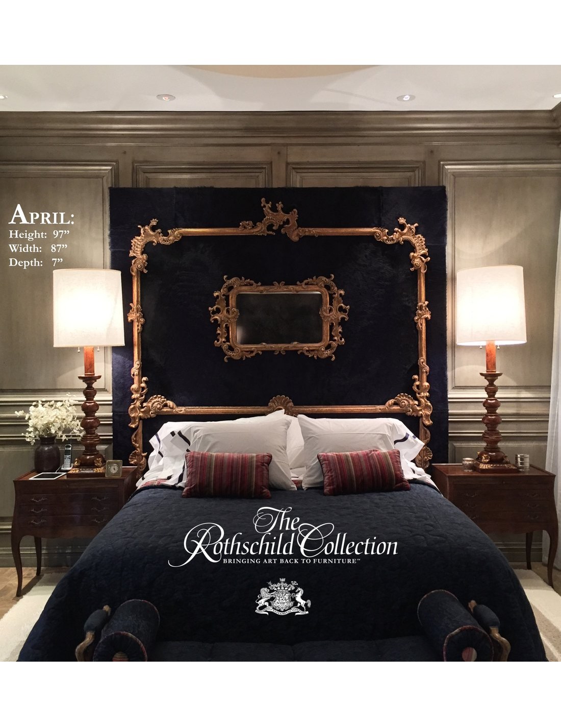 April': Italian Rococo headboard by Judson Rothschild, The Rothschild Collection tear sheet with dimensions