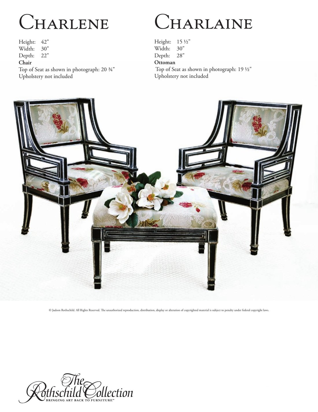 Charlene & Charlaine: Empire armchair, Empire ottoman by Judson Rothschild, The Rothschild Collection tear sheet with dimensions