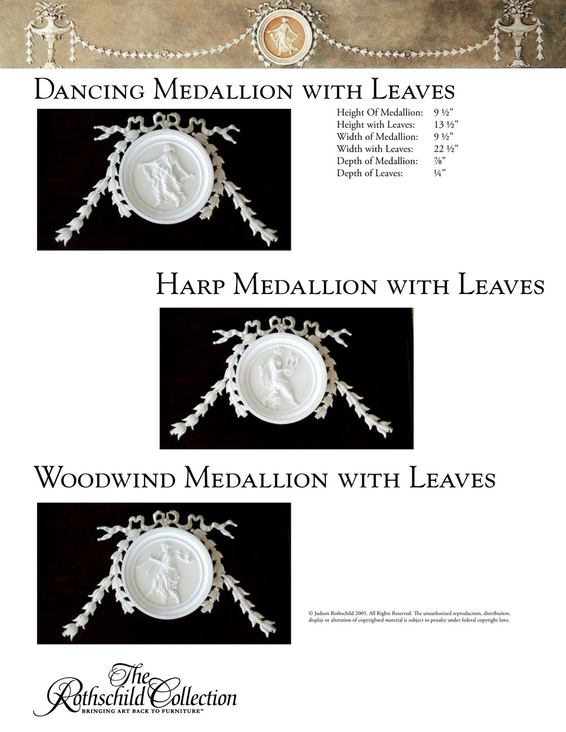 Dancing, Harp & Woodwind Medallions: George III wall moulding by Judson Rothschild, The Rothschild Collection tear sheet with dimensions