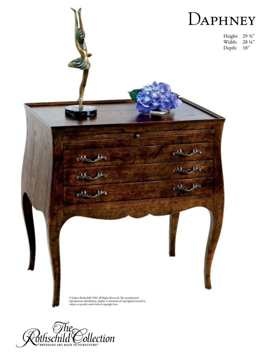 Daphney: Italian Rococo nightstand / side table by Judson Rothschild, The Rothschild Collection tear sheet with dimensions