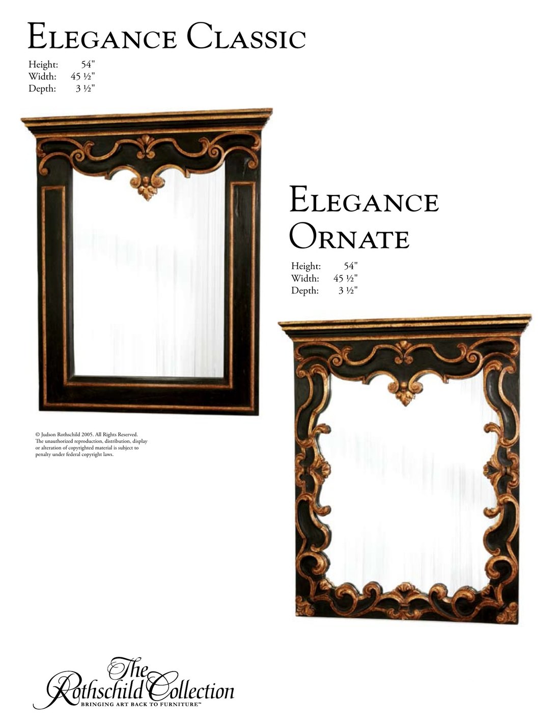 Elegance Classic & Ornate: Baroque mirror by Judson Rothschild, The Rothschild Collection tear sheet with dimensions