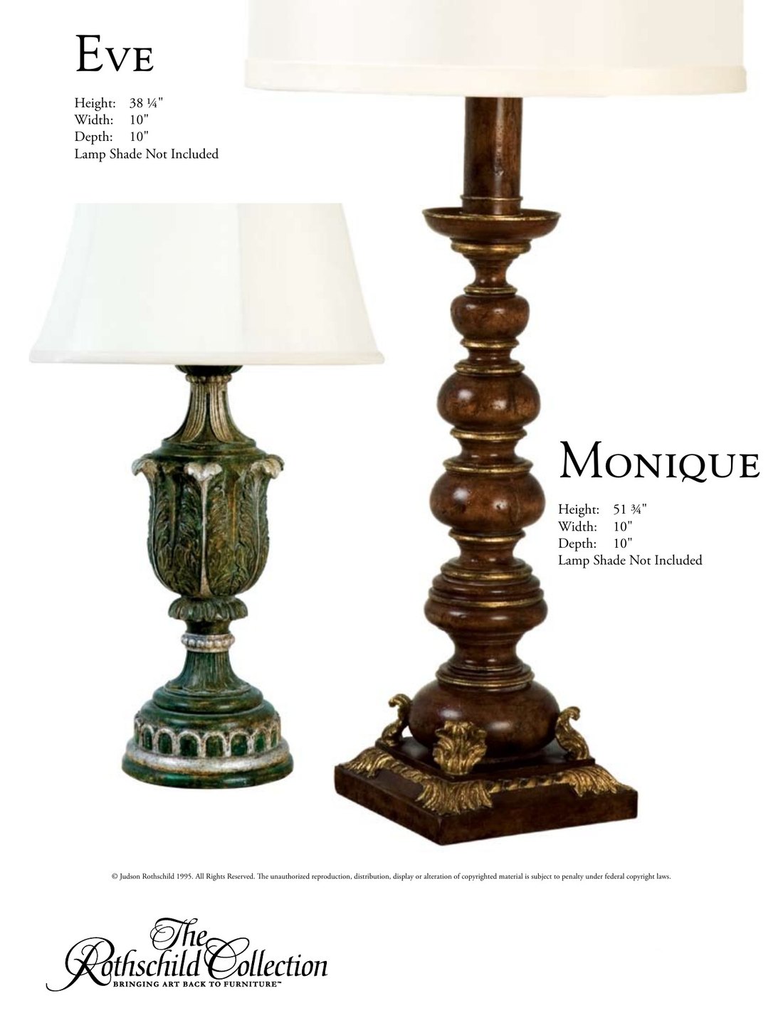 Eve & Monique: Italian Neoclassic table lamp, Dutch Baroque lamp by Judson Rothschild, The Rothschild Collection tear sheet with dimensions