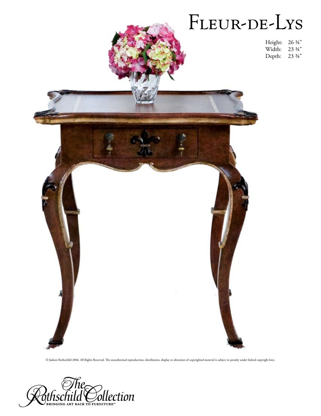 Fleur-de-Lys: nightstand / side table by Judson Rothschild, The Rothschild Collection tear sheet with dimensions