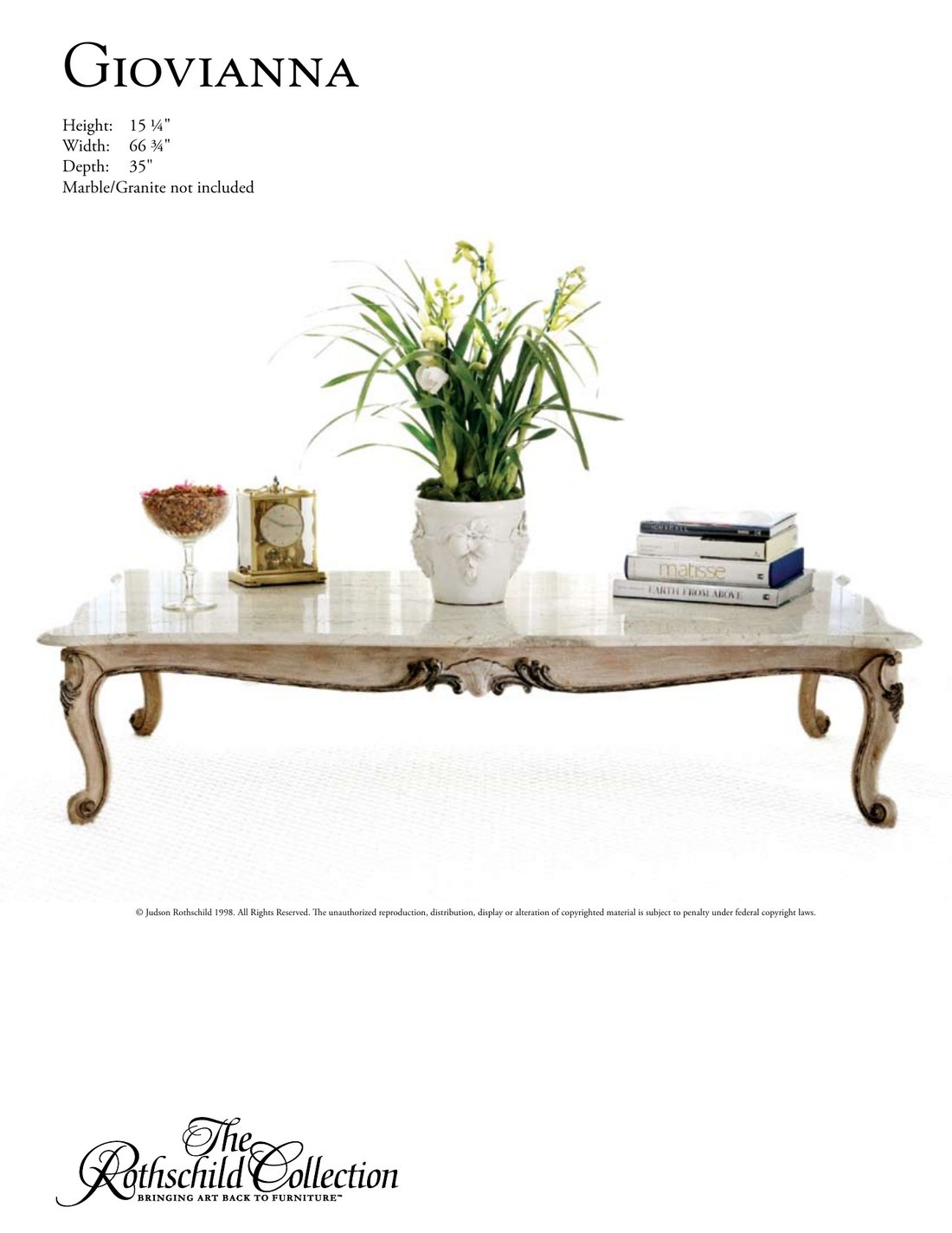 Giovianna: Italian Rococo cocktail table by Judson Rothschild, The Rothschild Collection tear sheet with dimensions