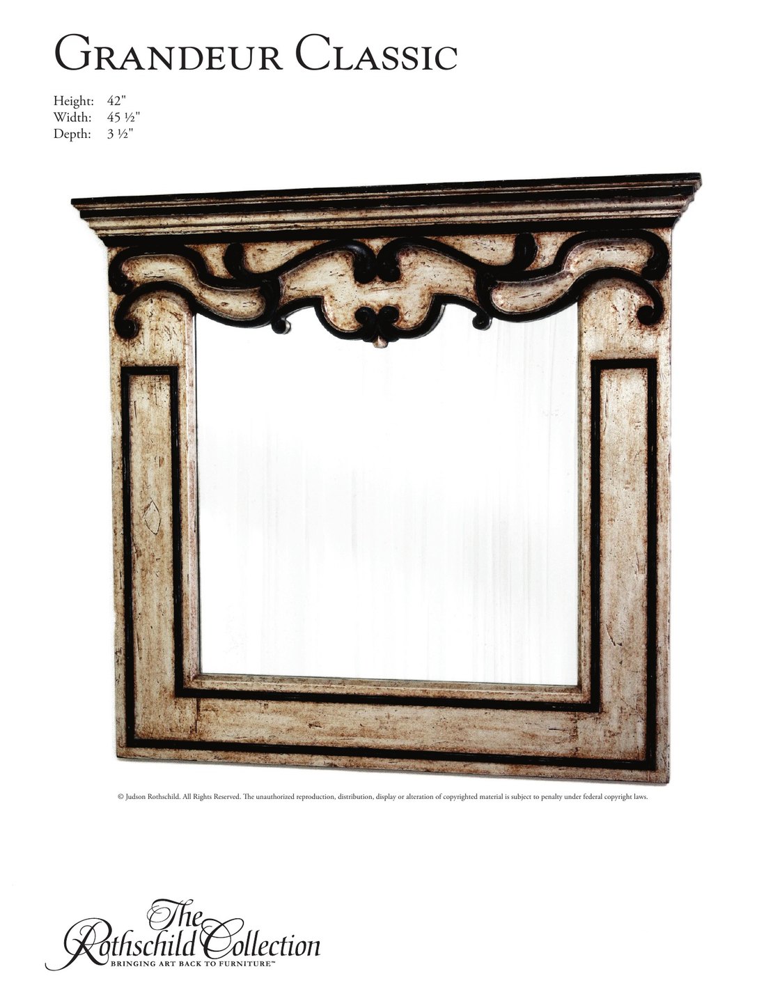 Grandeur Classic: Baroque mirror by Judson Rothschild, The Rothschild Collection tear sheet with dimensions