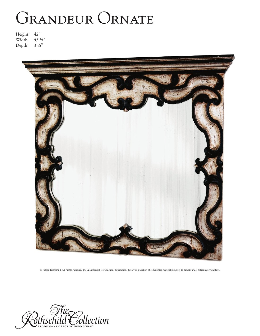 Grandeur Ornate: Baroque mirror by Judson Rothschild, The Rothschild Collection tear sheet with dimensions