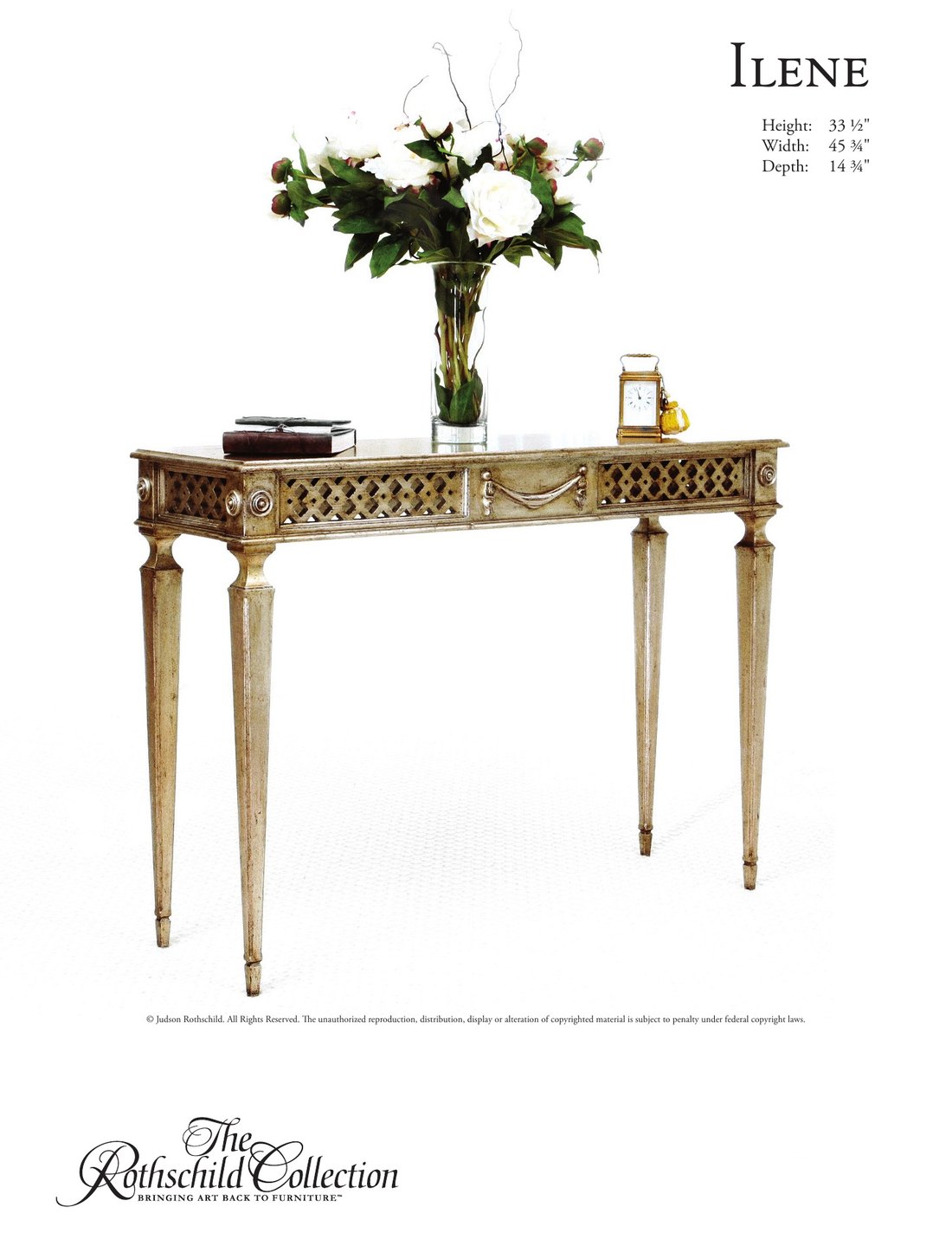 Ilene: Louis XVI credenza / nightstand / side table by Judson Rothschild, The Rothschild Collection tear sheet with dimensions