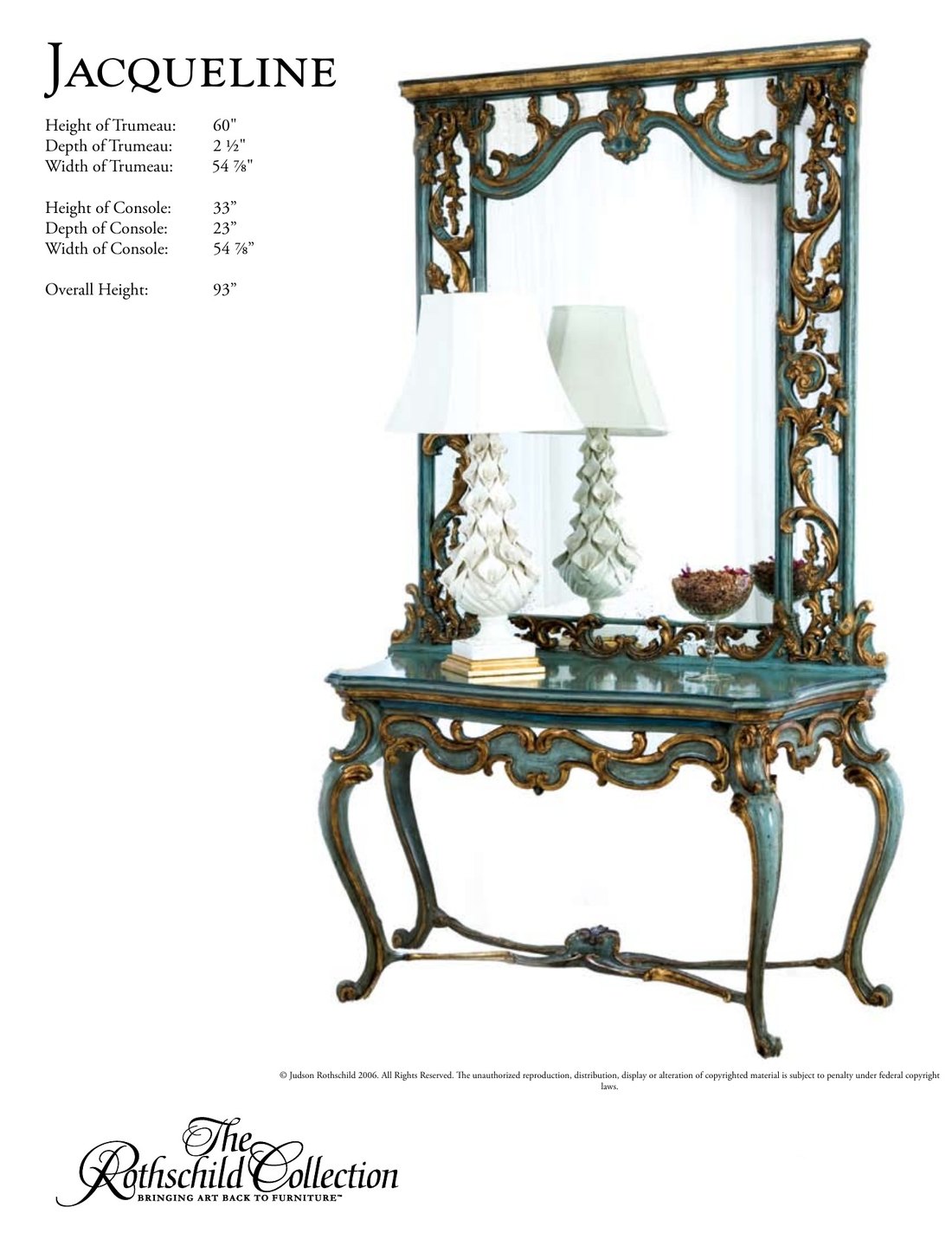 Jacqueline: Venetian Rococo trumeau by Judson Rothschild, The Rothschild Collection tear sheet with dimensions