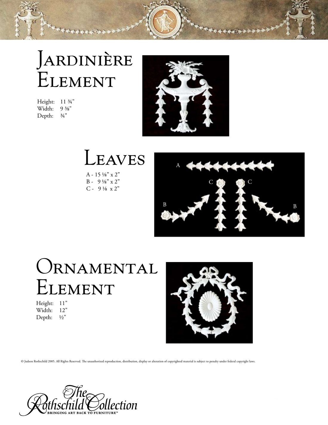 Jardinière, Leaves & Ornamental: George III wall moulding by Judson Rothschild, The Rothschild Collection tear sheet with dimensions