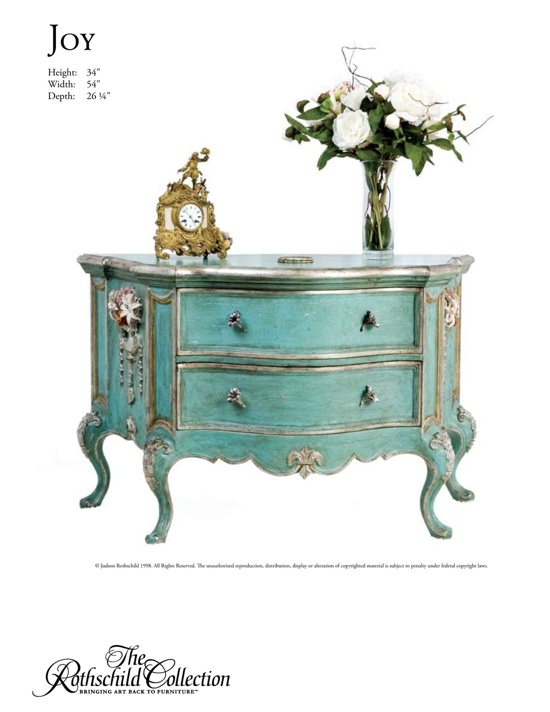 Joy: Italian Rococo credenza / nightstand / side table by Judson Rothschild, The Rothschild Collection tear sheet with dimensions