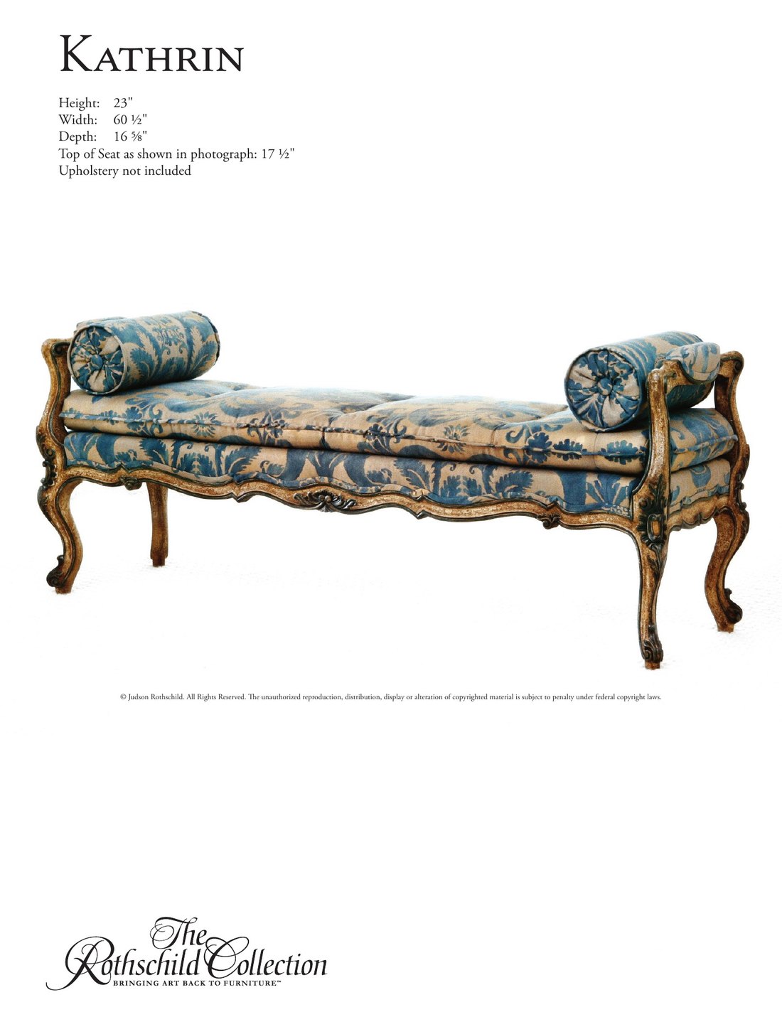 Kathrin: Venetian Rococo bench by Judson Rothschild, The Rothschild Collection tear sheet with dimensions