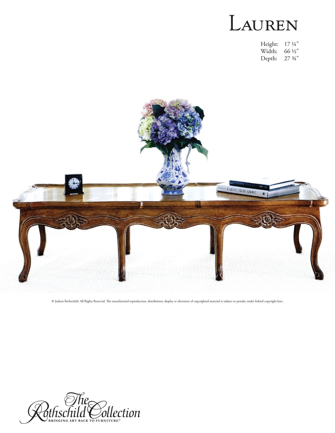 Lauren: Provincial Louis XV cocktail table by Judson Rothschild, The Rothschild Collection tear sheet with dimensions