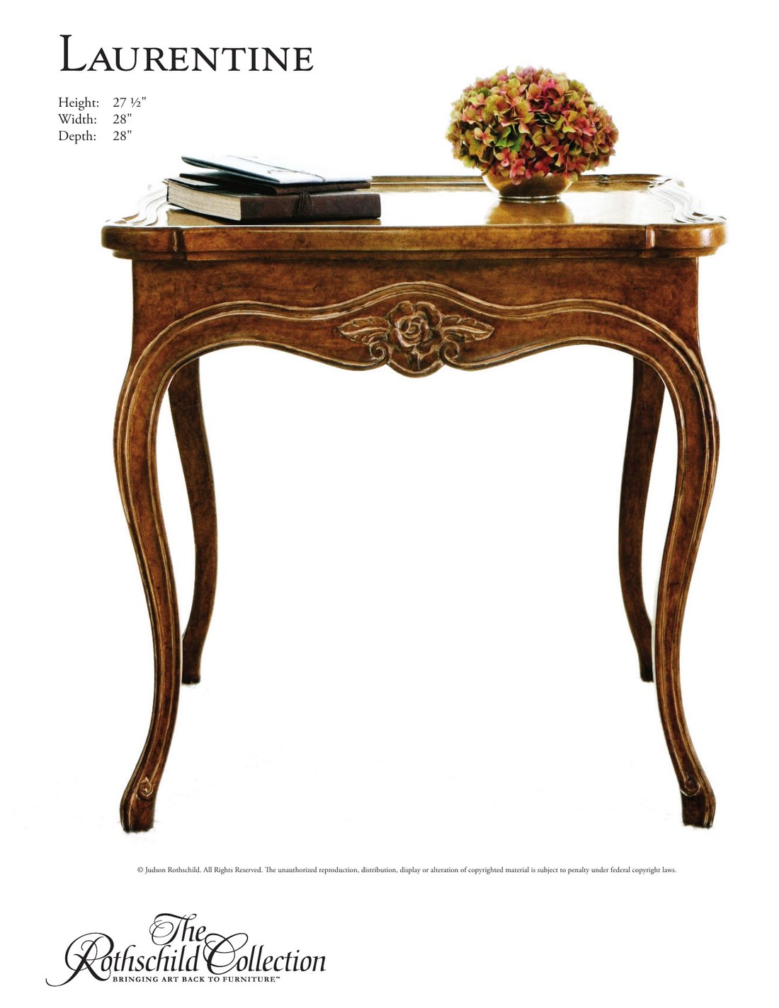 Laurentine: Louis XV Provincial nightstand / side table by Judson Rothschild, The Rothschild Collection tear sheet with dimensions