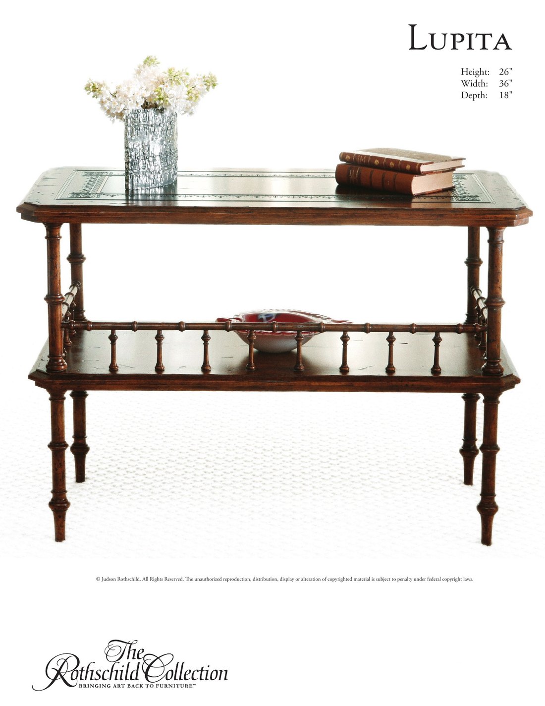 Lupita: Aesthetic Movement nightstand / side table by Judson Rothschild, The Rothschild Collection tear sheet with dimensions