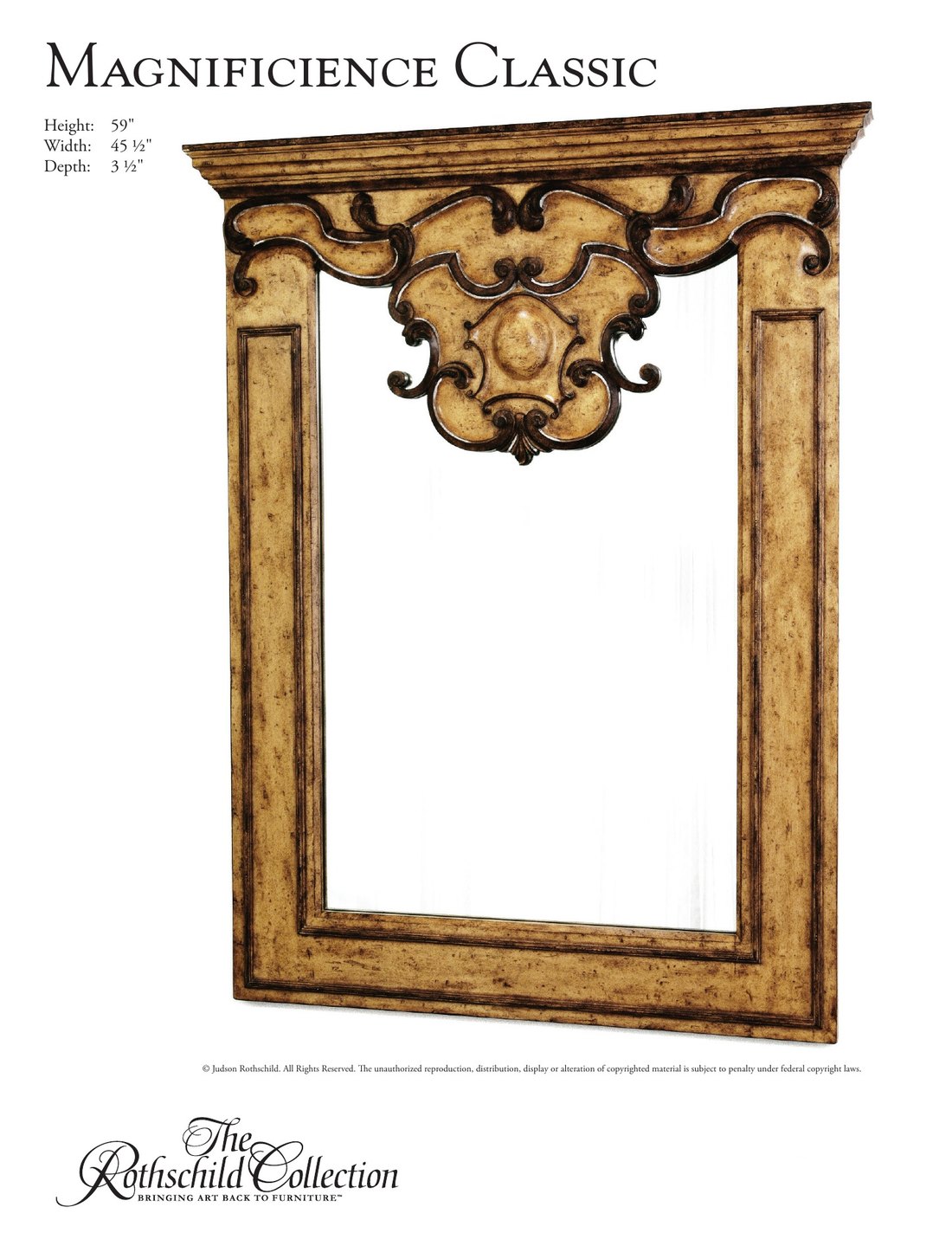 Magnificience Classic: Spanish Baroque mirror by Judson Rothschild, The Rothschild Collection tear sheet with dimensions