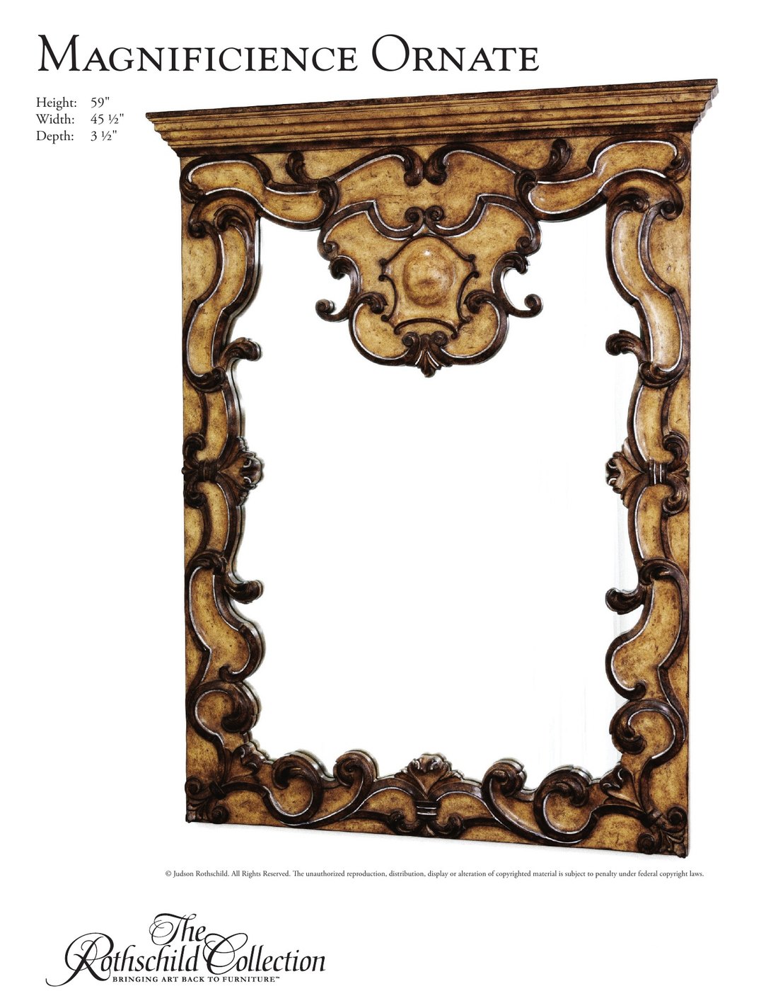 Magnificience Ornate: Spanish Baroque mirror by Judson Rothschild, The Rothschild Collection tear sheet with dimensions