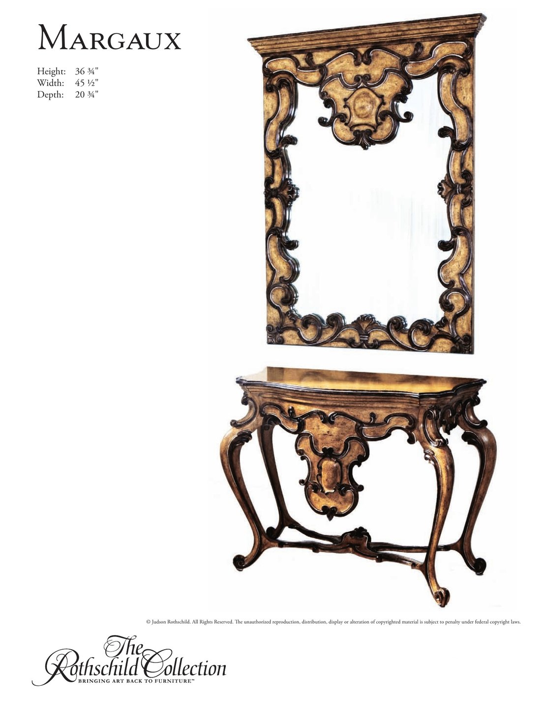 Margaux: Spanish Rococo console by Judson Rothschild, The Rothschild Collection tear sheet with dimensions