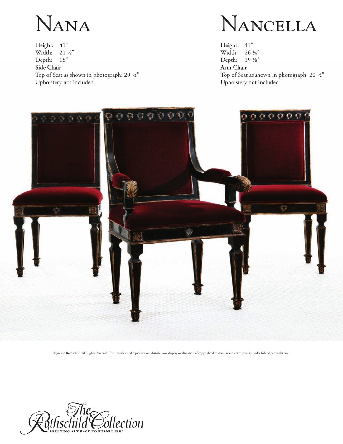 Nana & Nancella: Continental Neoclassic side chair, Continental Neoclassic armchair by Judson Rothschild, The Rothschild Collection tear sheet with dimensions