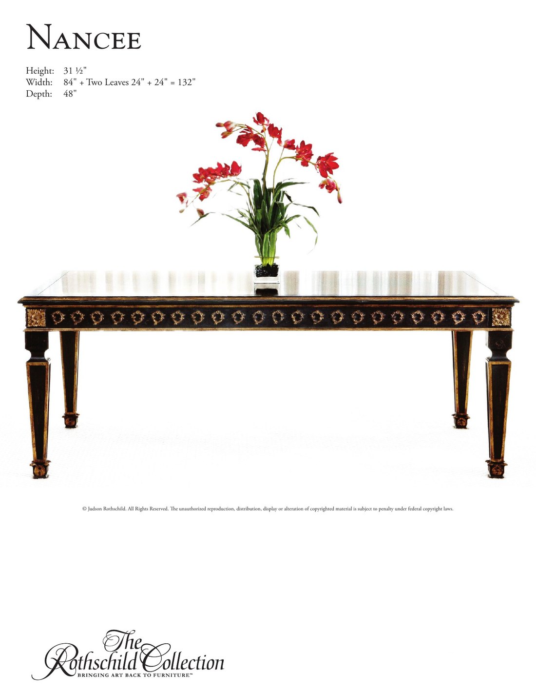 Nancee: Continental Neoclassic table by Judson Rothschild, The Rothschild Collection tear sheet with dimensions