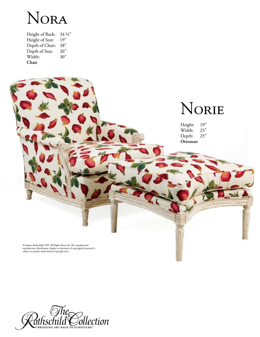 Nora & Norie: Louis XVI armchair, Louis XVI ottoman by Judson Rothschild, The Rothschild Collection tear sheet with dimensions
