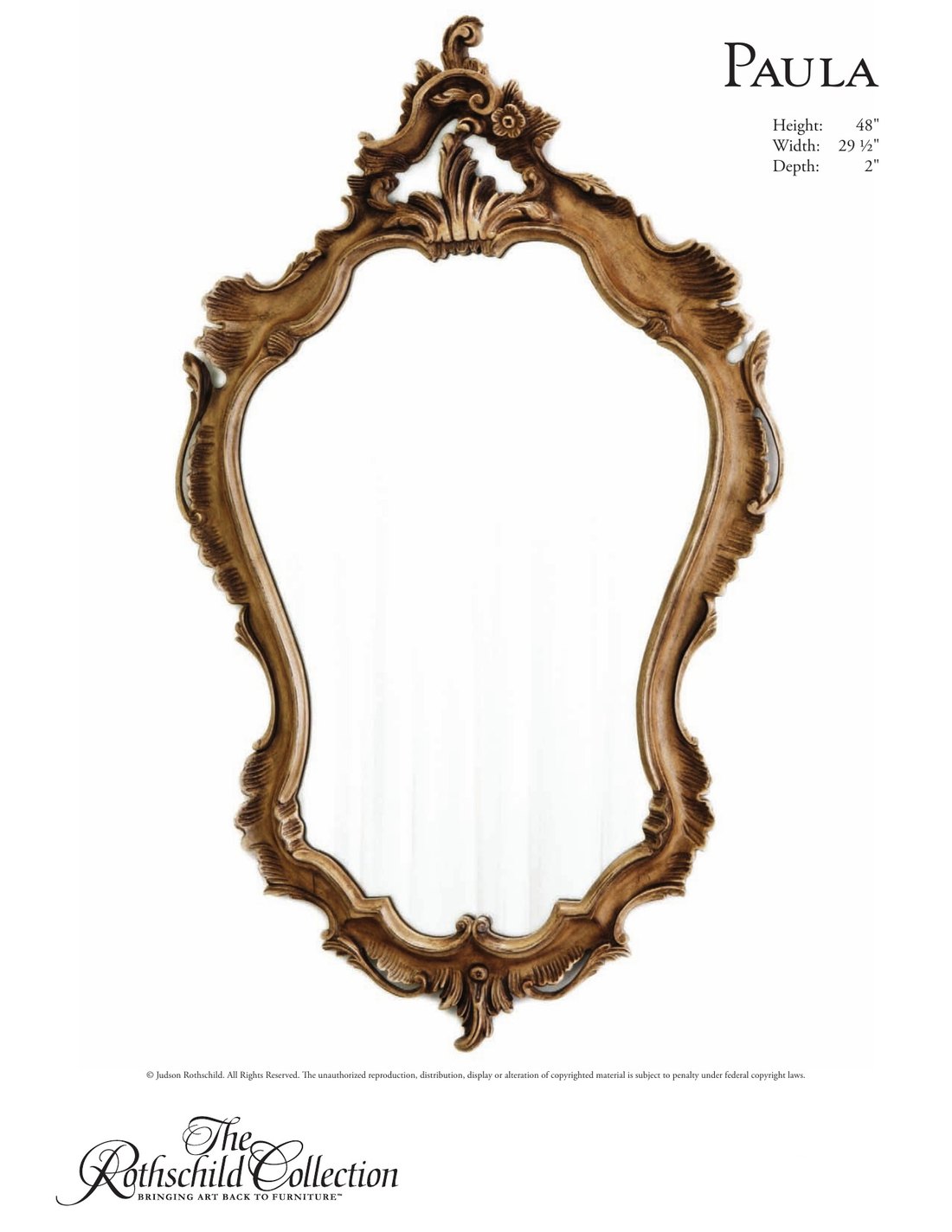 Paula: Italian Rococo mirror by Judson Rothschild, The Rothschild Collection tear sheet with dimensions