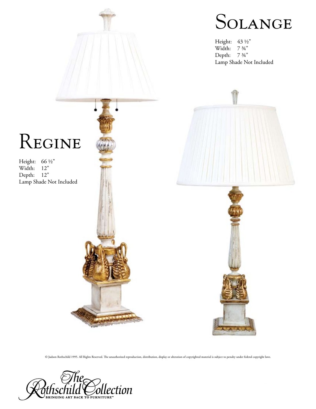 Regine & Solange: Italian Empire floor lamp, Italian Empire table lamp by Judson Rothschild, The Rothschild Collection tear sheet with dimensions