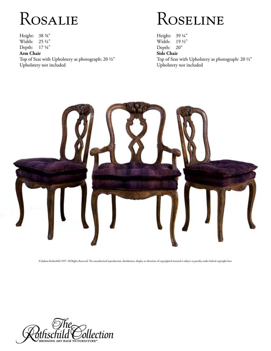Rosalie & Roseline: Italian Rococo armchair, Italian Rococo side chair by Judson Rothschild, The Rothschild Collection tear sheet with dimensions