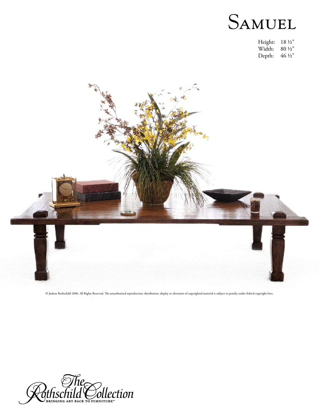 Samuel: cocktail table by Judson Rothschild, The Rothschild Collection tear sheet with dimensions