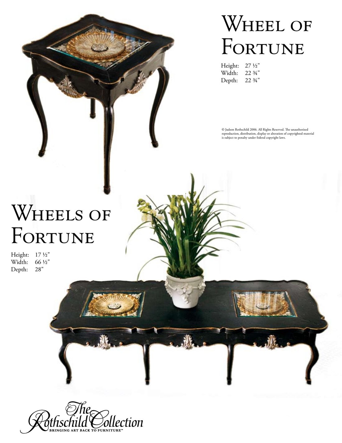 Wheel of Fortune & Wheels of Fortune: Italian Rococo side table, Italian Rococo cocktail table by Judson Rothschild, The Rothschild Collection tear sheet with dimensions
